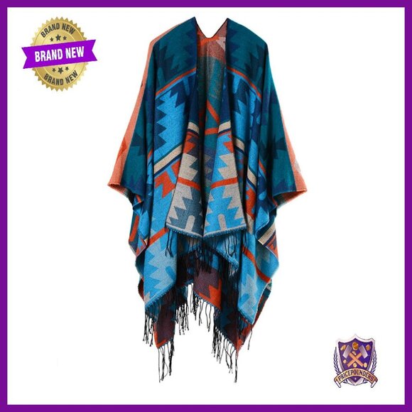 Sweaters - Oversized Shawl Poncho Sweater Cape with Tassels, 50% Polyester 50% Acrylic